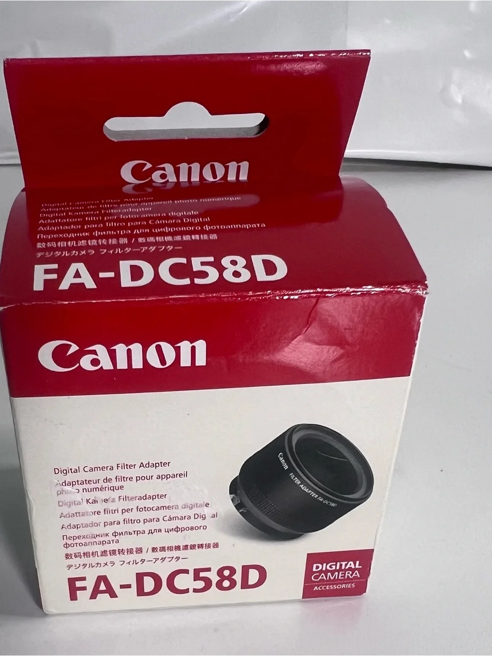Canon FA-DC58D Filter Adapter in Black and Red Packaging